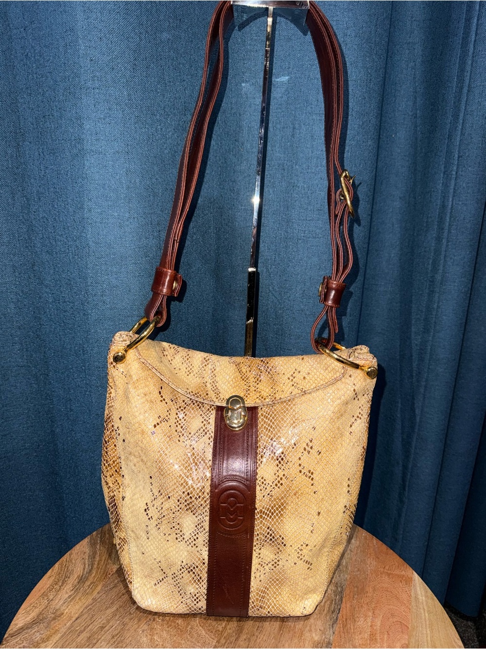 Marino Orlandi Beige Snakeskin-Effect Leather Shoulder Bag with Brown Trim